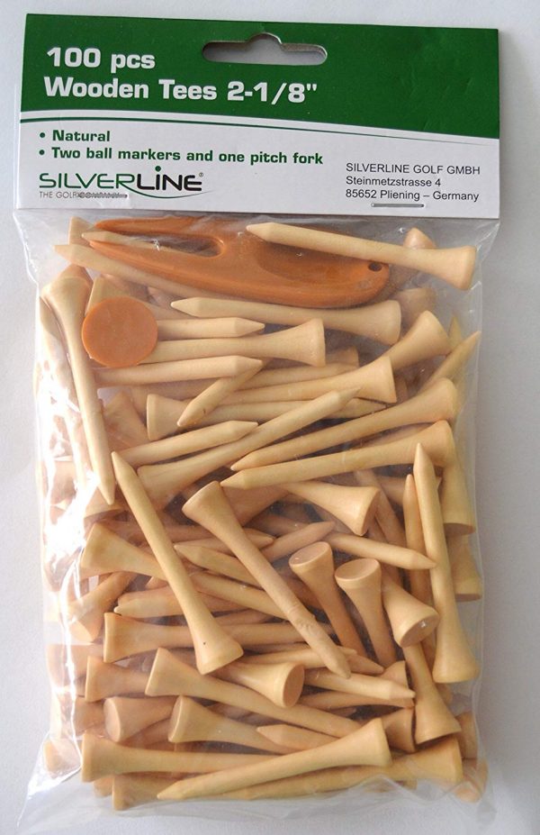 100 x Premium Golftees natur + Pitchgabel + 2x Ballmarker von Silverline - verschiedene Farben